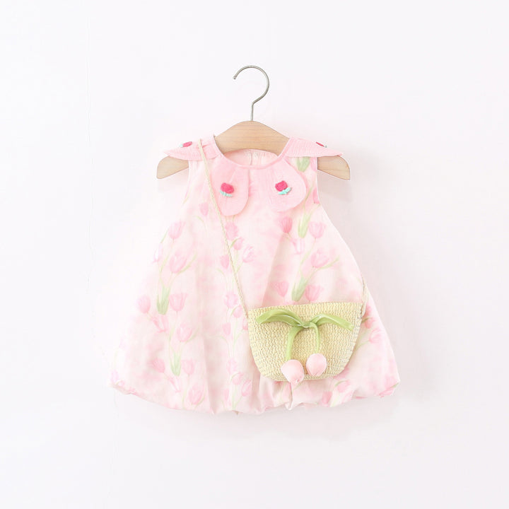 Girls Floral Printed Round Neck Gathered or Pleated A-Line Dress