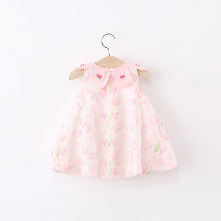 Girls Floral Printed Round Neck Gathered or Pleated A-Line Dress
