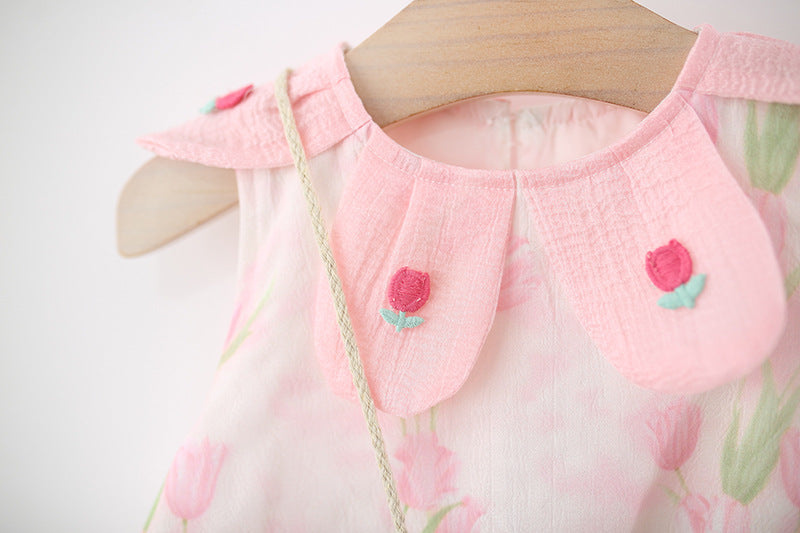 Girls Floral Printed Round Neck Gathered or Pleated A-Line Dress