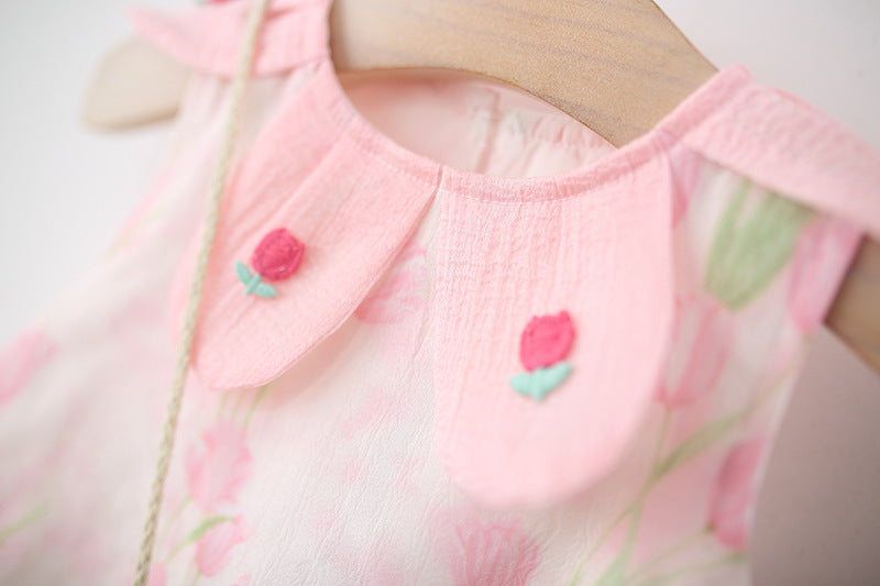 Girls Floral Printed Round Neck Gathered or Pleated A-Line Dress