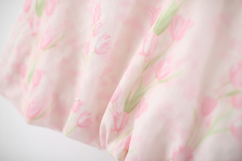 Girls Floral Printed Round Neck Gathered or Pleated A-Line Dress