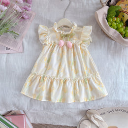 Girls Floral Printed Round Neck Gathered or Pleated A-Line Dress