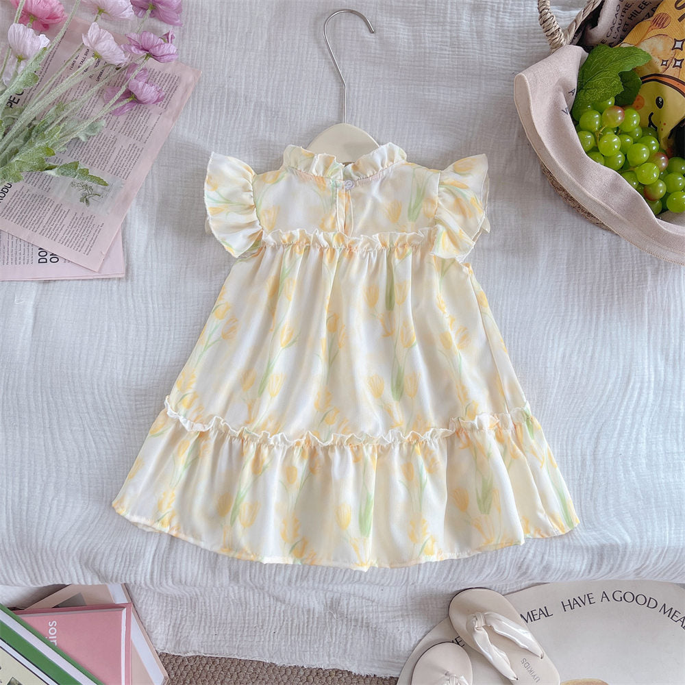 Girls Floral Printed Round Neck Gathered or Pleated A-Line Dress
