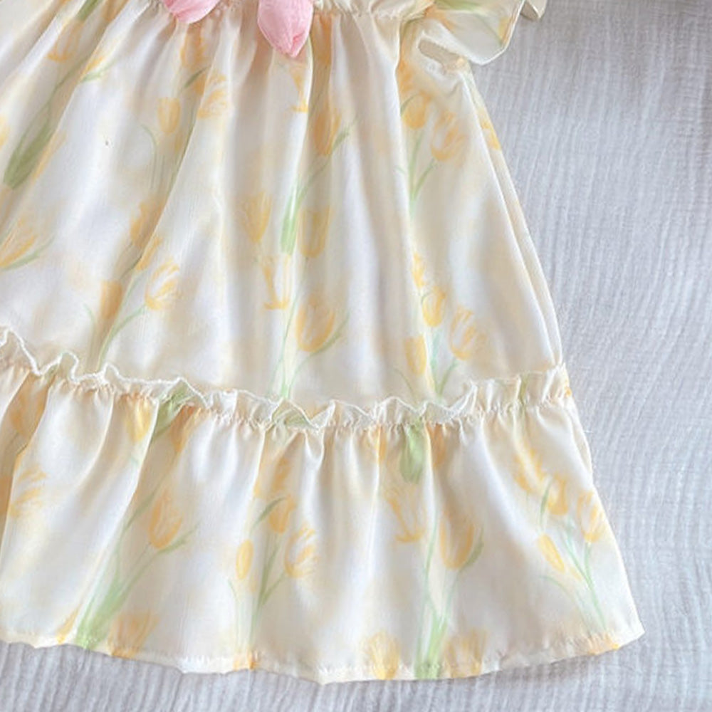 Girls Floral Printed Round Neck Gathered or Pleated A-Line Dress