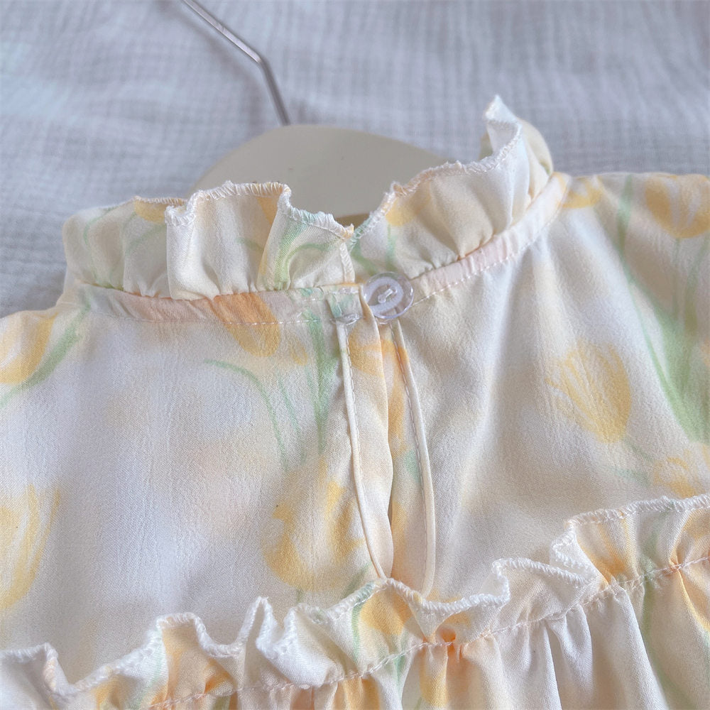 Girls Floral Printed Round Neck Gathered or Pleated A-Line Dress