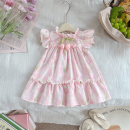 Girls Floral Printed Round Neck Gathered or Pleated A-Line Dress