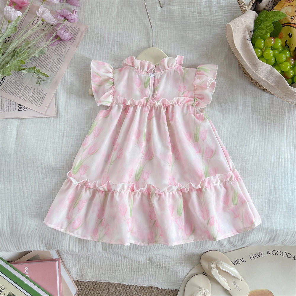 Girls Floral Printed Round Neck Gathered or Pleated A-Line Dress