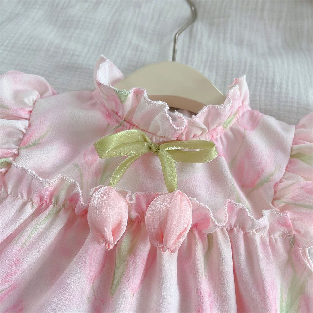 Girls Floral Printed Round Neck Gathered or Pleated A-Line Dress
