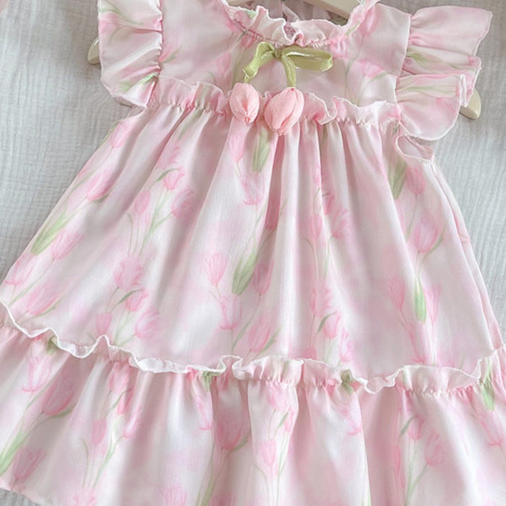 Girls Floral Printed Round Neck Gathered or Pleated A-Line Dress