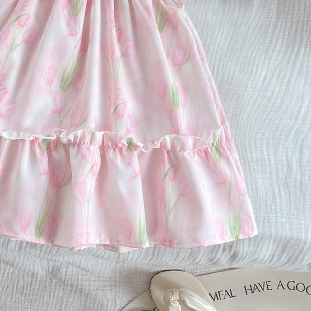 Girls Floral Printed Round Neck Gathered or Pleated A-Line Dress