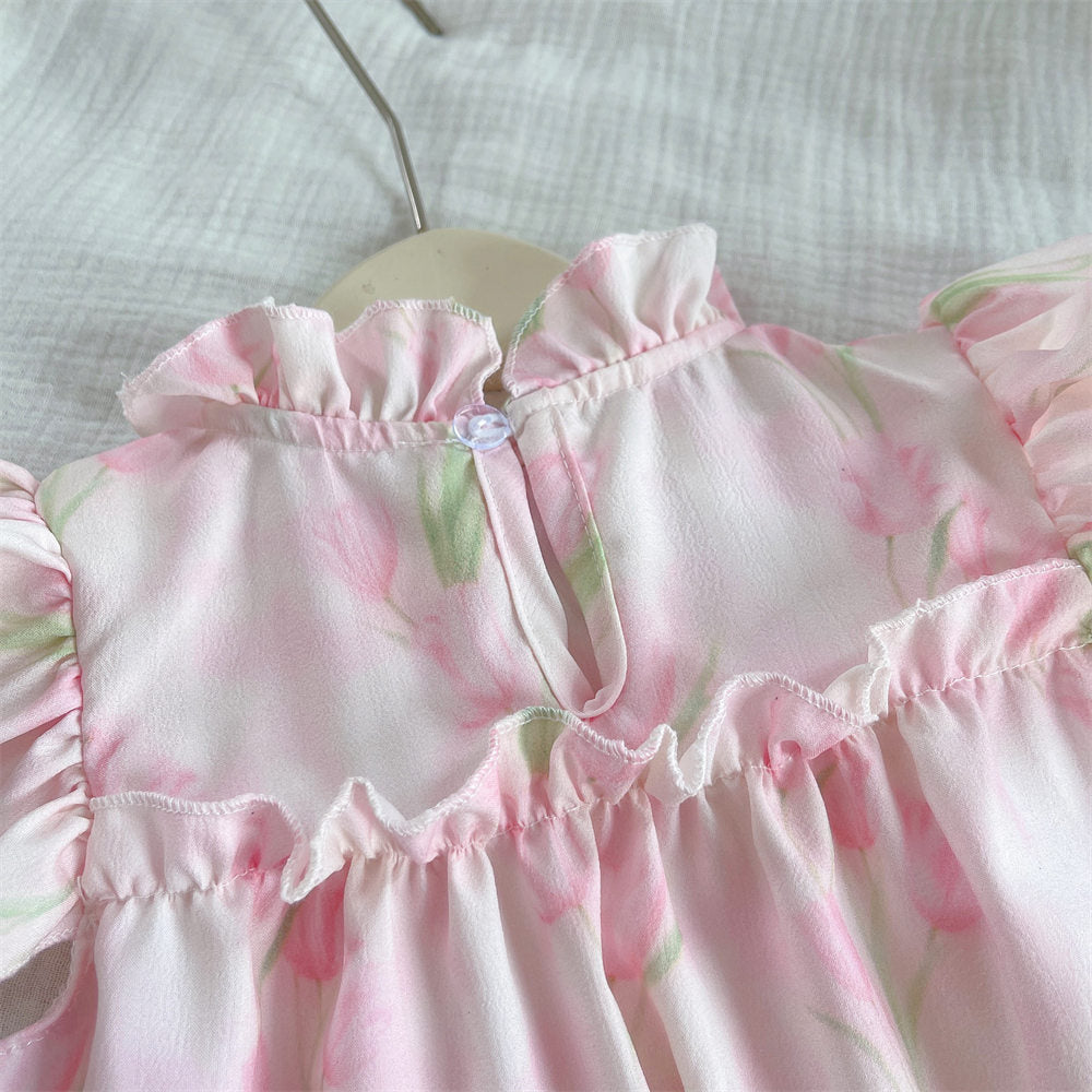 Girls Floral Printed Round Neck Gathered or Pleated A-Line Dress