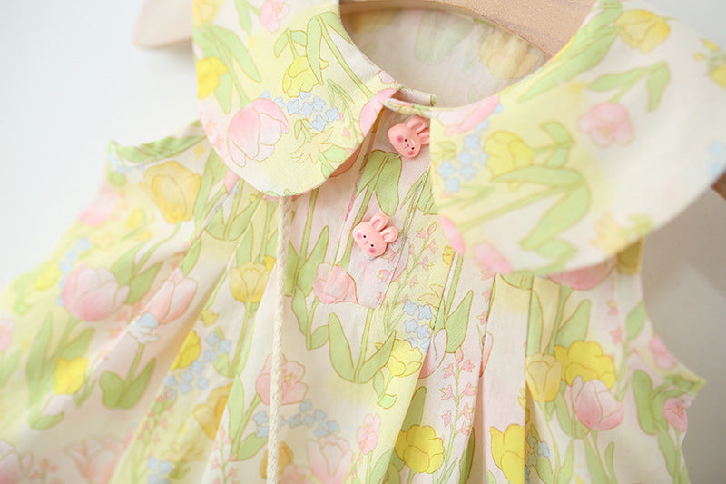 Girls Floral Printed Gathered or Pleated Cotton A-Line Dress