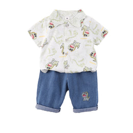 Boys White & Blue Printed Shirt with Shorts