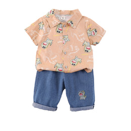 Boys Orange & Blue Printed Shirt with Shorts