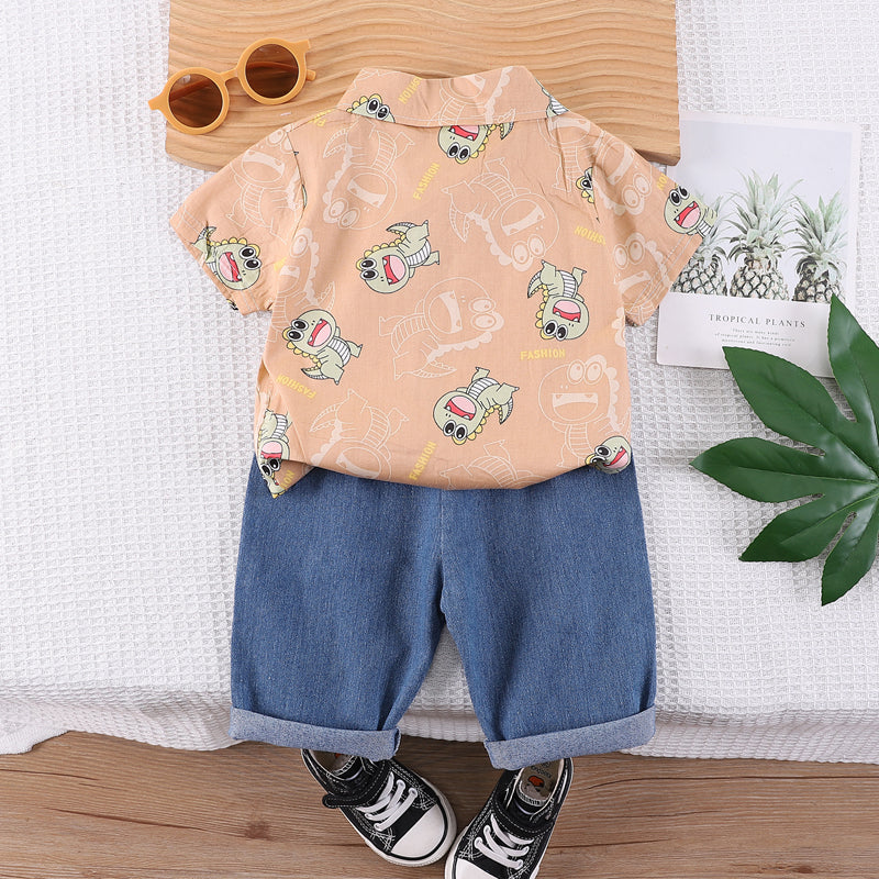 Boys Orange & Blue Printed Shirt with Shorts