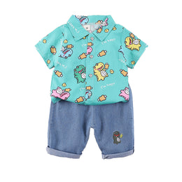 Boys Green & Blue Printed Shirt Collar Shirt with Shorts