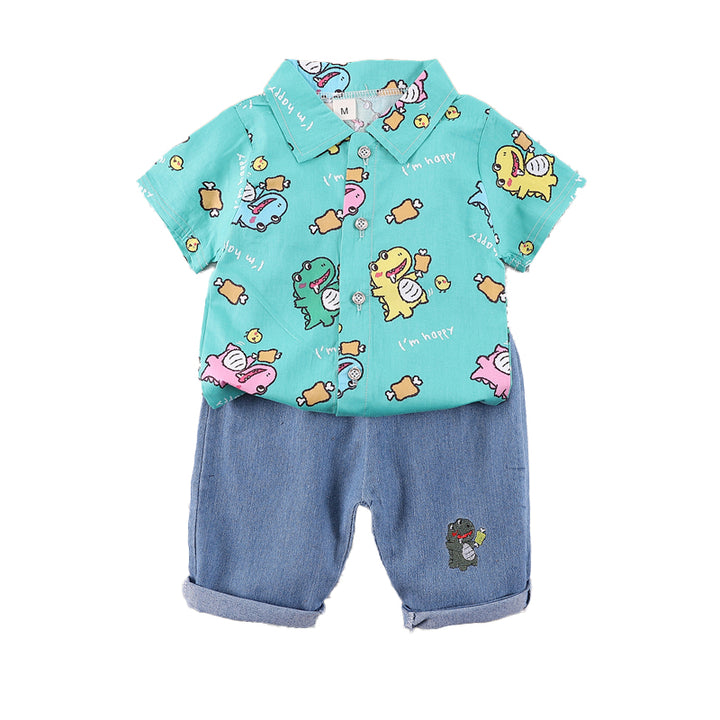 Boys Green & Blue Printed Shirt Collar Shirt with Shorts