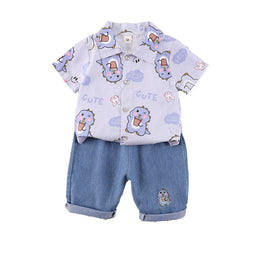 Boys Purple & Blue Printed Shirt Collar Shirt with Shorts