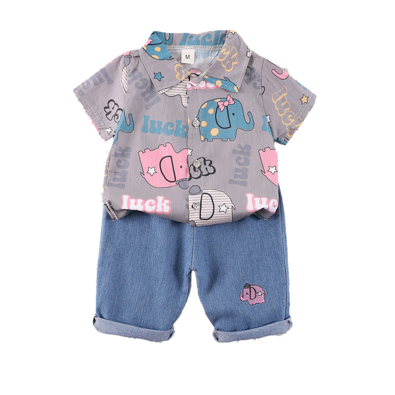 Boys Shirt Collar Short Sleeves Printed Shirt with Shorts