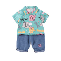 Boys Green & Blue Printed Shirt Collar Shirt with Shorts