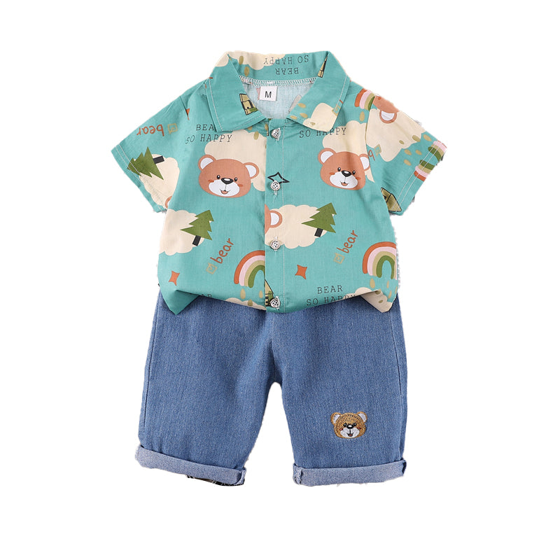 Boys Green & Blue Printed Shirt with Shorts