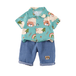 Boys Green & Blue Printed Shirt with Shorts