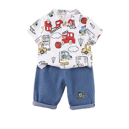 Boys White & Blue Printed Shirt with Shorts