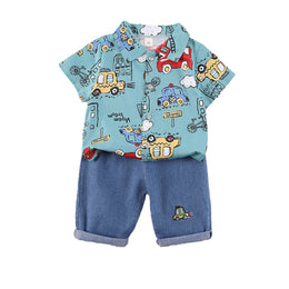 Boys Green & Blue Printed Shirt Collar Shirt with Shorts