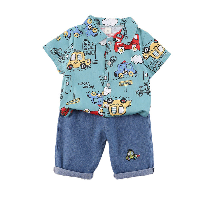 Boys Green & Blue Printed Shirt Collar Shirt with Shorts