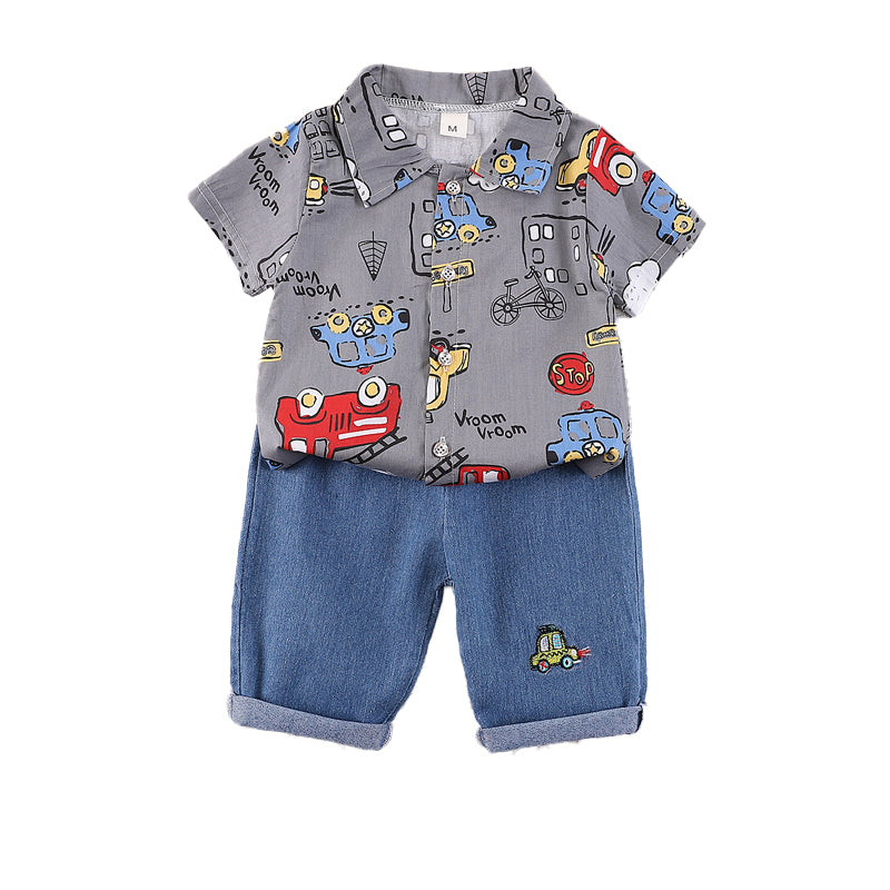 Boys Shirt Collar Short Sleees Printed Shirt with Shorts