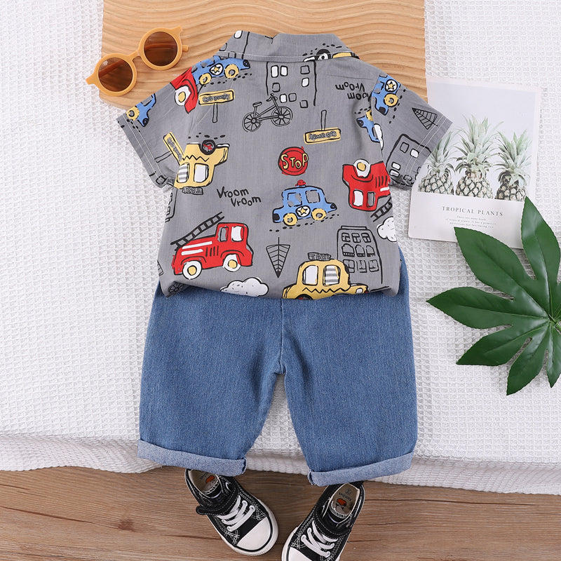 Boys Shirt Collar Short Sleees Printed Shirt with Shorts