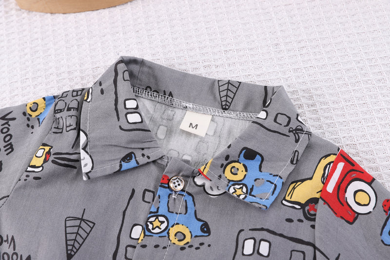 Boys Shirt Collar Short Sleees Printed Shirt with Shorts