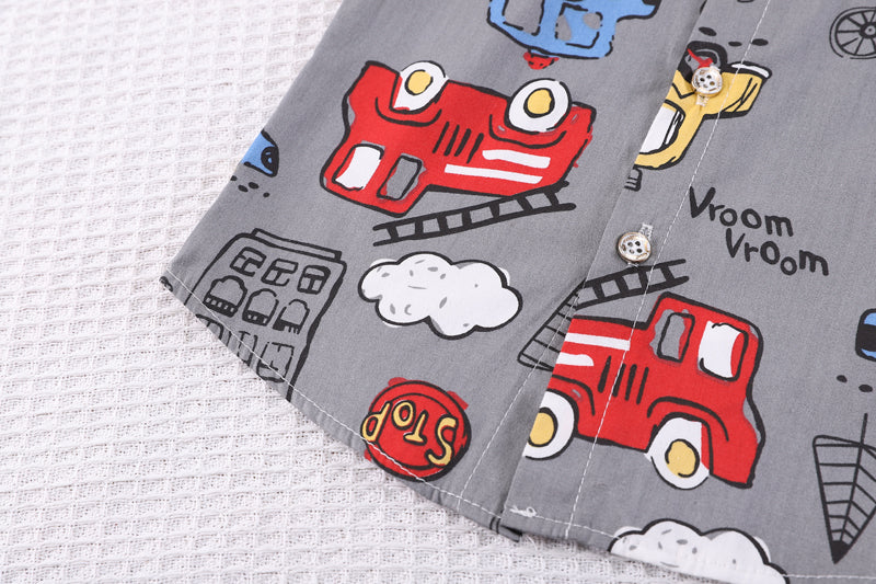 Boys Shirt Collar Short Sleees Printed Shirt with Shorts