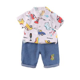 Boys Shirt Collar Short Sleeves Printed Shirt with Shorts