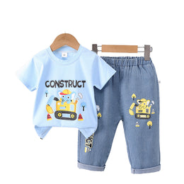 Boys Blue & Yellow Printed Round Neck T-shirt with Trousers