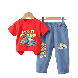 Boys Red Graphic Printed T-shirt with Trousers