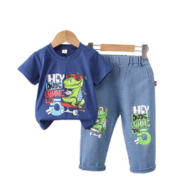 Boys Short Sleeves Round Neck Printed T-shirt with Trousers
