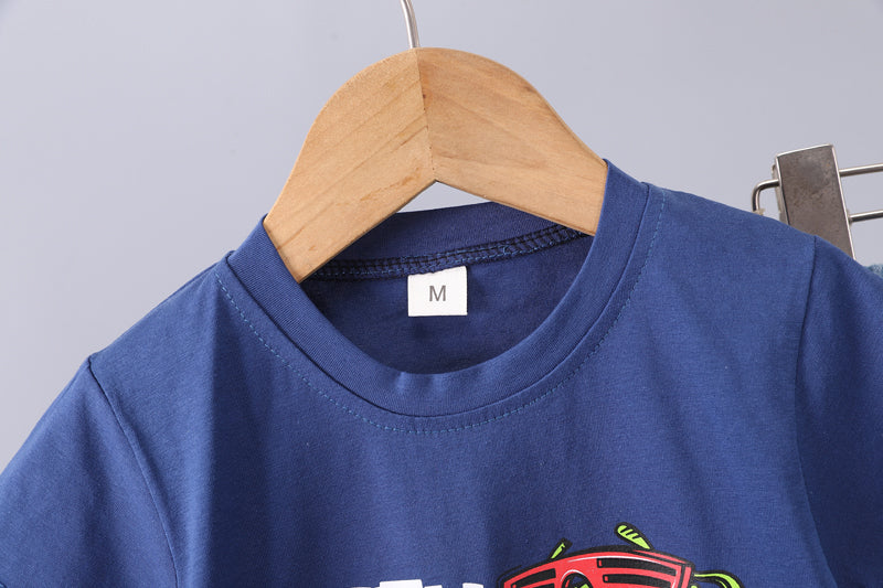 Boys Short Sleeves Round Neck Printed T-shirt with Trousers