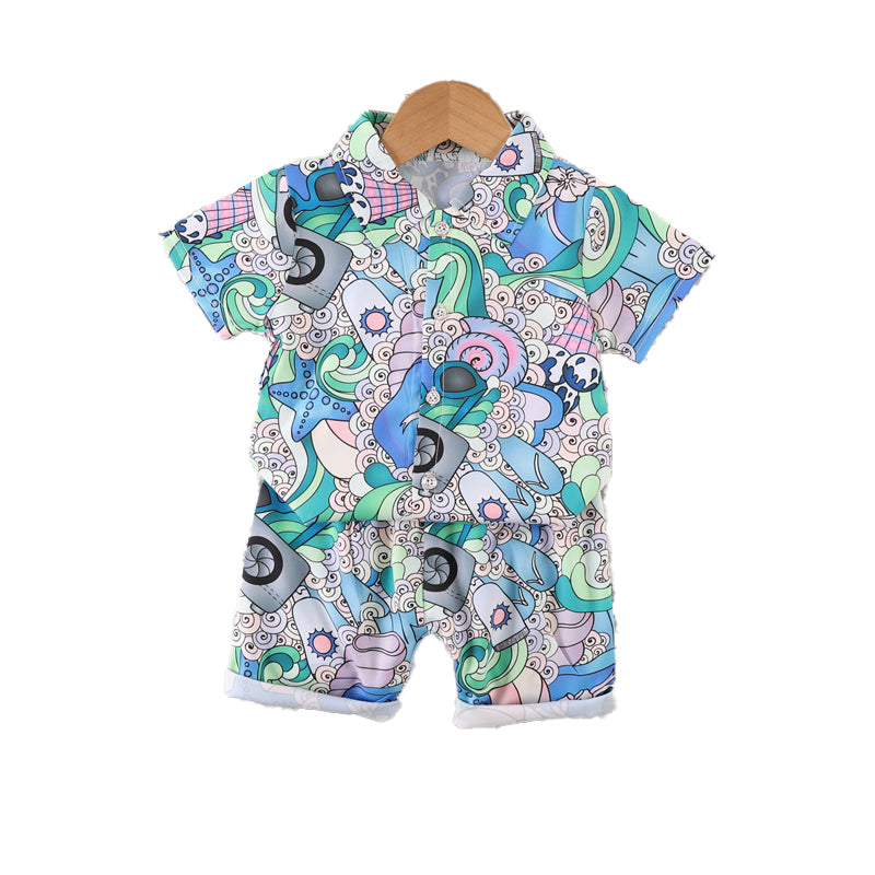 Boys Blue Graphic Printed Shirt with Shorts