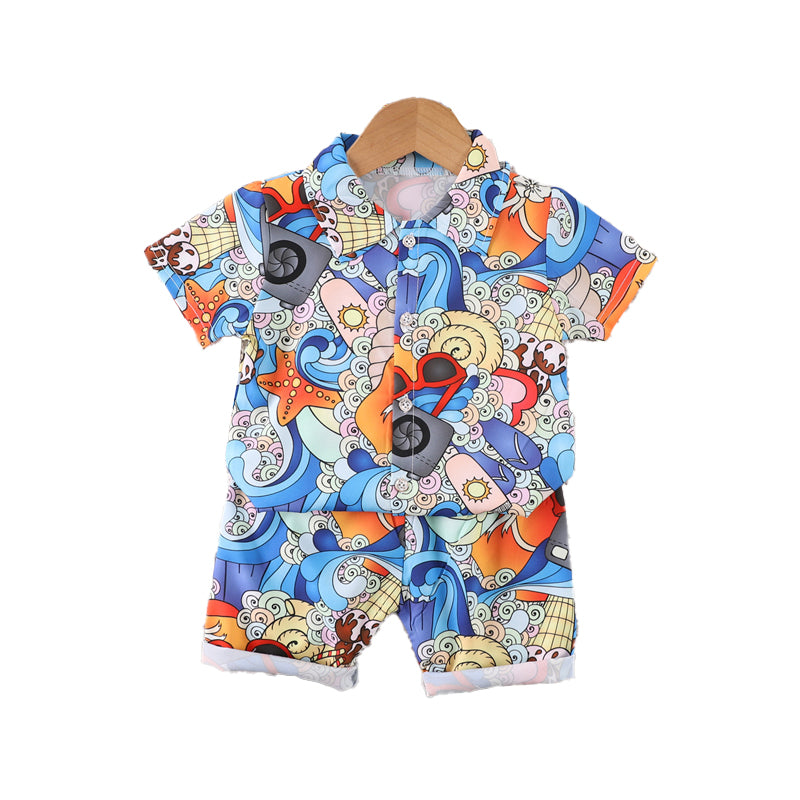 Boys Blue Abstract Printed Shirt with Shorts