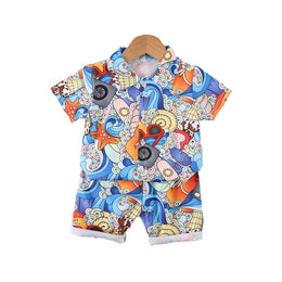 Boys Blue Abstract Printed Shirt with Shorts