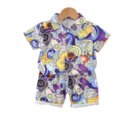 Boys Abstract Purple Printed Shirt with Shorts