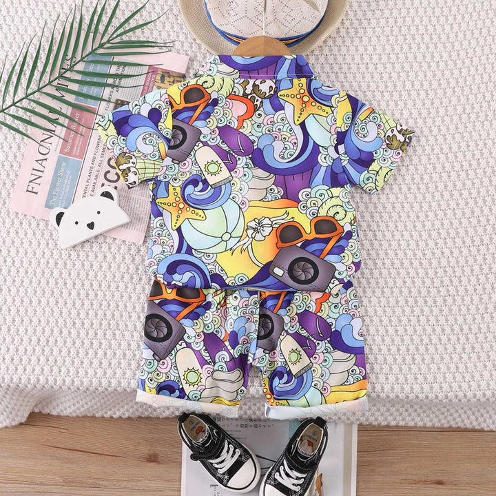 Boys Abstract Purple Printed Shirt with Shorts