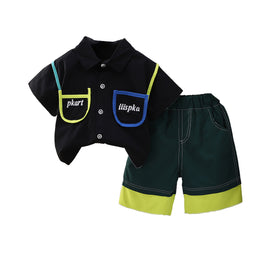 Boys Printed Shirt Collar Short Sleeves Shirt with Shorts