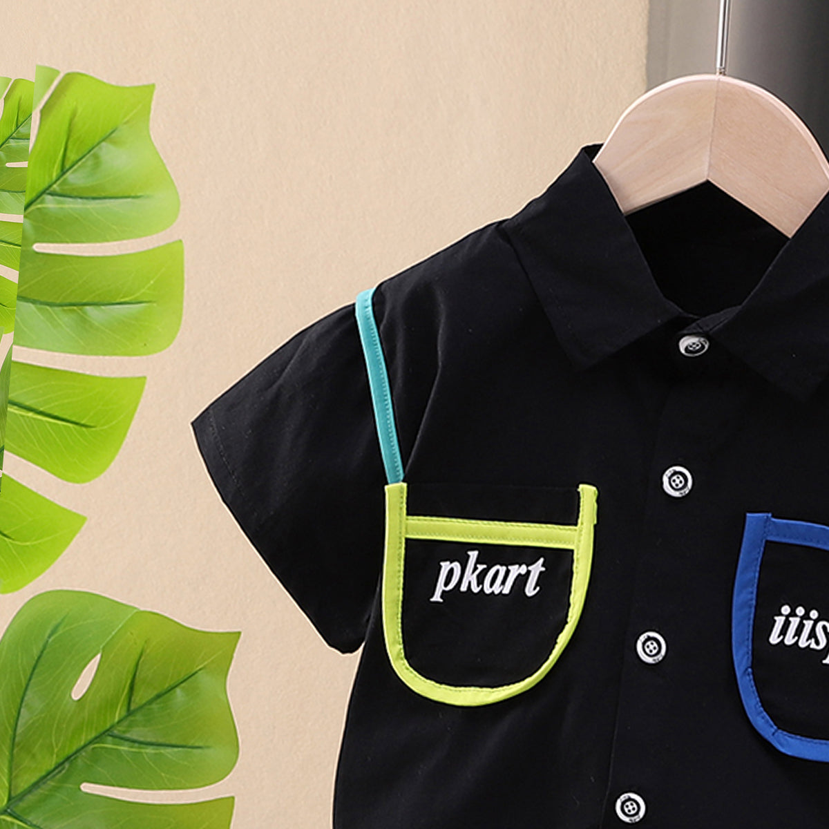 Boys Printed Shirt Collar Short Sleeves Shirt with Shorts