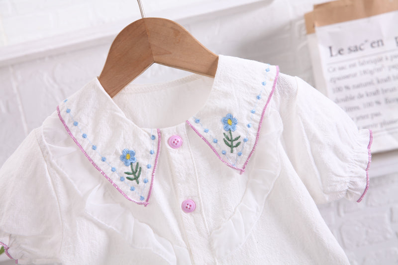 Girls White Embroidered Top with Shorts