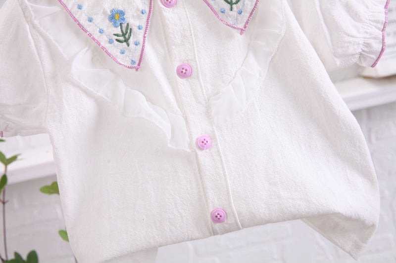 Girls White Embroidered Top with Shorts