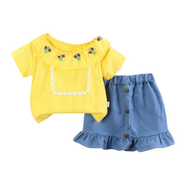 Girls Yellow & Blue Printed Top with Skirt