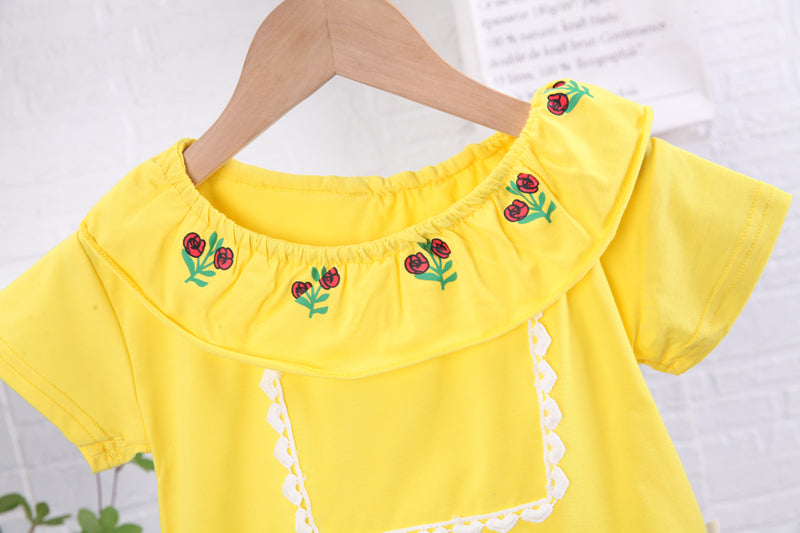 Girls Yellow & Blue Printed Top with Skirt