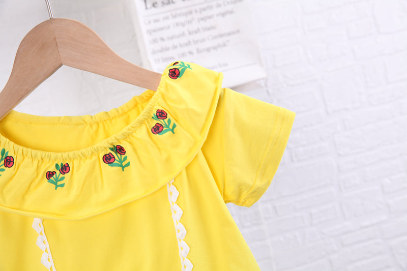 Girls Yellow & Blue Printed Top with Skirt